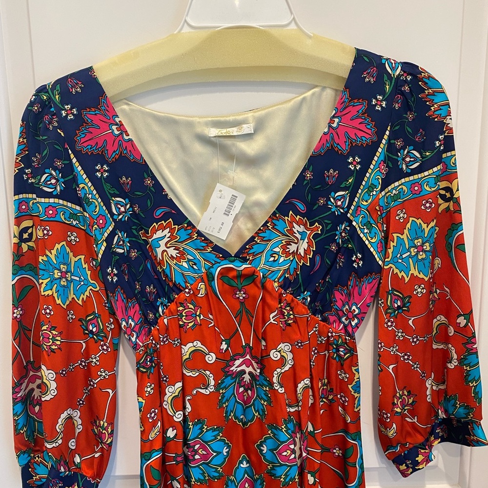 Bohemian silk floral dress paisley v neck 3/4 sleeve Small NWT $350